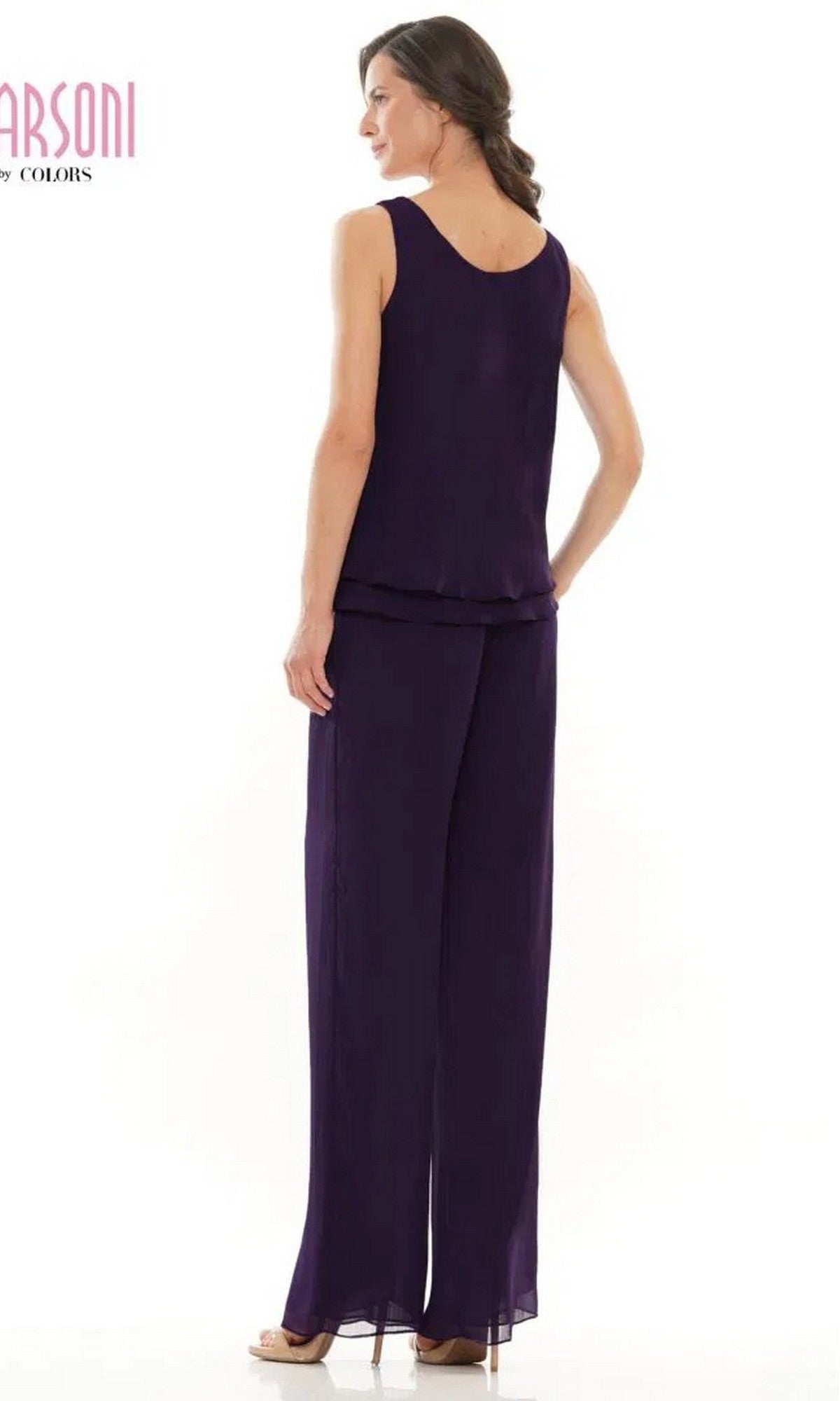 A woman faces away, wearing the Long Formal Pantsuit: Marsoni M304—a sleeveless, dark purple evening ensemble with matching wide-leg pants and heels—posed against a plain white background.